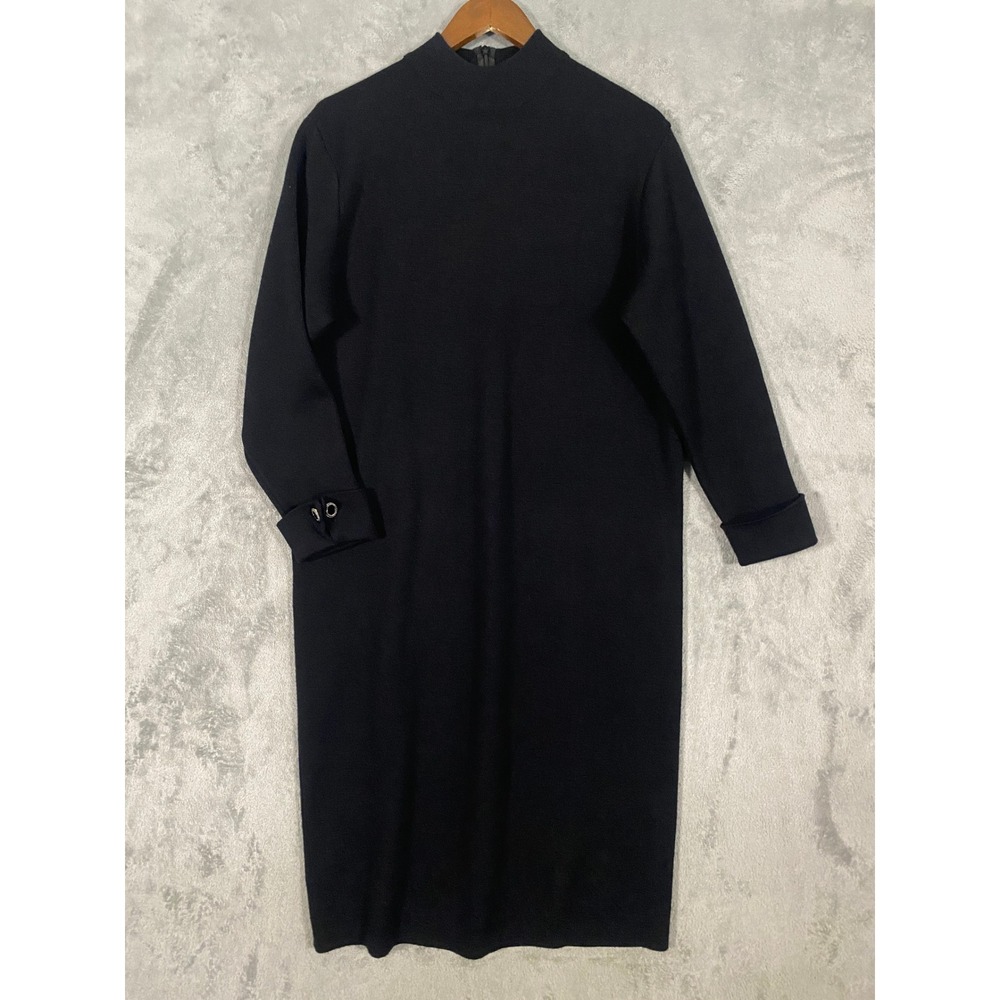 Bleyle Sweater Dress Sz L Black Merino Wool Mock Neck Midi Knit Modest Quiet Lux